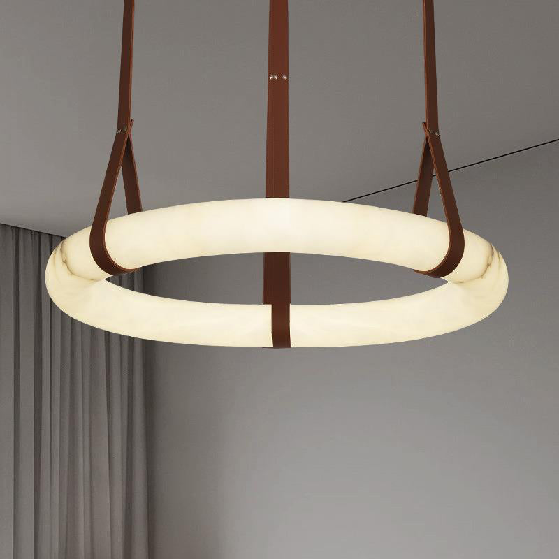 LED Ring Ceiling Fixture in Alabaster Stone – Adjustable Halo Chandelier for Open Dining Areas, Great Rooms & Hospitality – 47 in Circle Sus