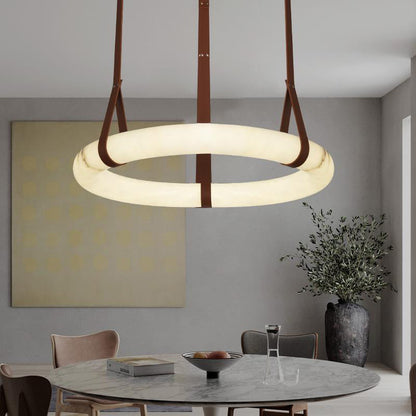 LED Ring Ceiling Fixture in Alabaster Stone – Adjustable Halo Chandelier for Open Dining Areas, Great Rooms & Hospitality – 47 in Circle Sus