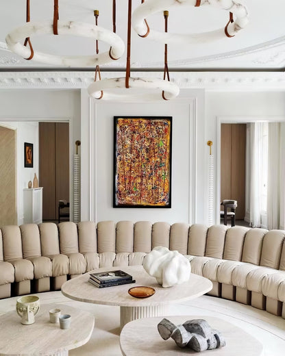 LED Ring Ceiling Fixture in Alabaster Stone – Adjustable Halo Chandelier for Open Dining Areas, Great Rooms & Hospitality – 47 in Circle Sus