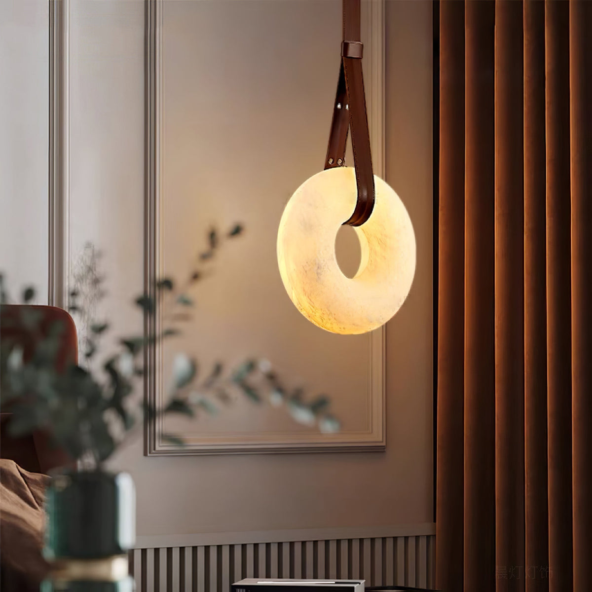 LED Ring Ceiling Fixture in Alabaster Stone – Adjustable Halo Chandelier for Open Dining Areas, Great Rooms & Hospitality – 47 in Circle Sus