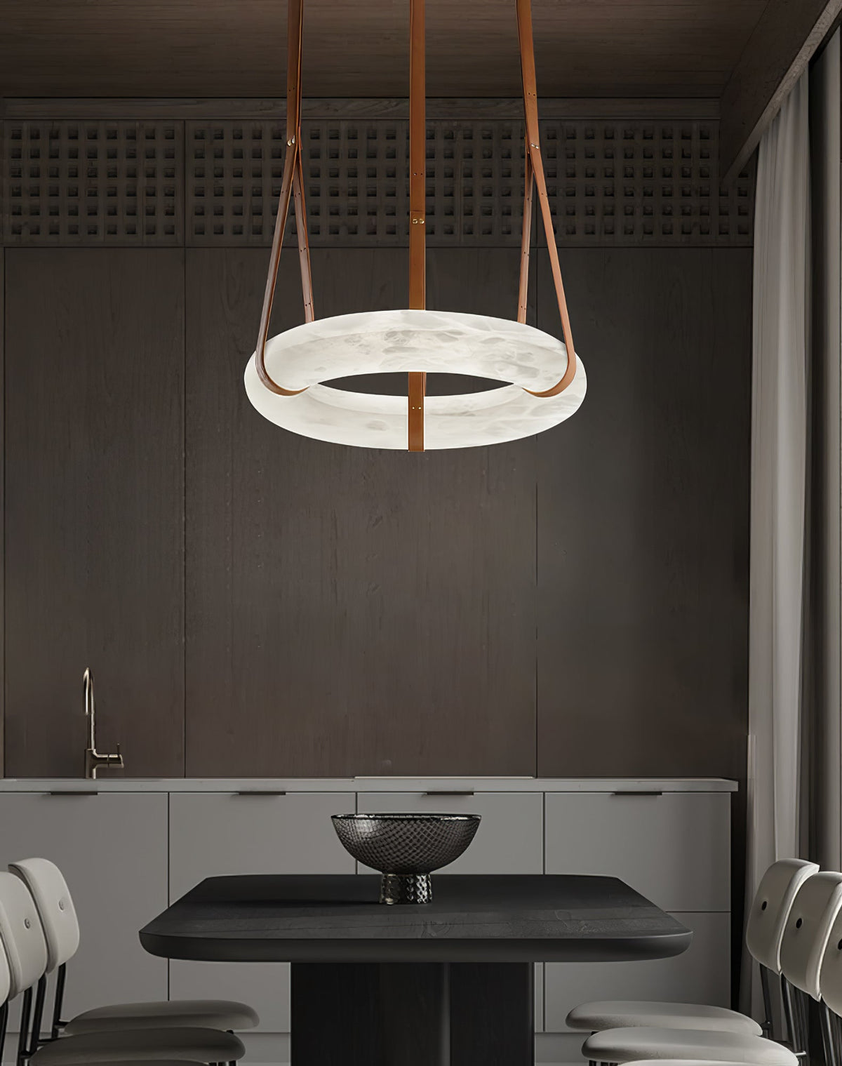 LED Ring Ceiling Fixture in Alabaster Stone – Adjustable Halo Chandelier for Open Dining Areas, Great Rooms & Hospitality – 47 in Circle Sus