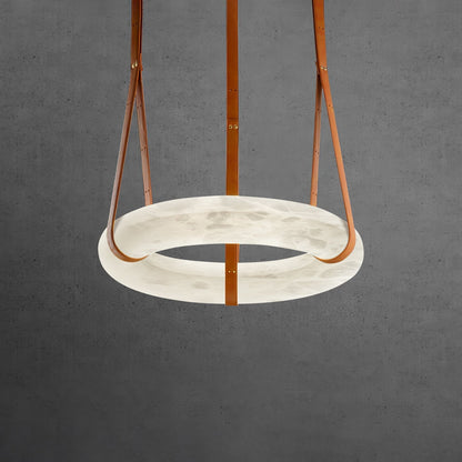 LED Ring Ceiling Fixture in Alabaster Stone – Adjustable Halo Chandelier for Open Dining Areas, Great Rooms & Hospitality – 47 in Circle Sus