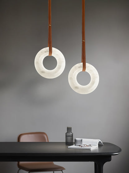 LED Ring Ceiling Fixture in Alabaster Stone – Adjustable Halo Chandelier for Open Dining Areas, Great Rooms & Hospitality – 47 in Circle Sus