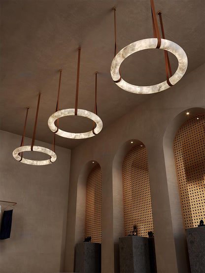 LED Ring Ceiling Fixture in Alabaster Stone – Adjustable Halo Chandelier for Open Dining Areas, Great Rooms & Hospitality – 47 in Circle Sus