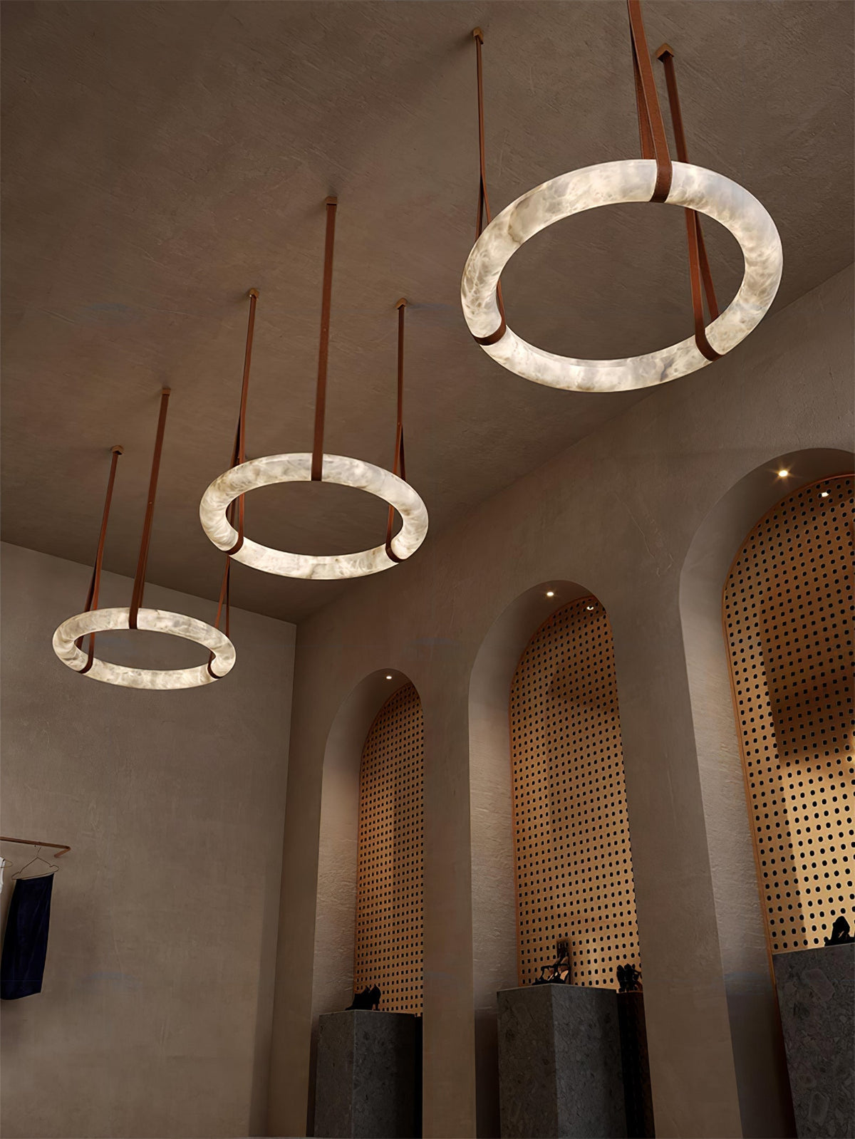 LED Ring Ceiling Fixture in Alabaster Stone – Adjustable Halo Chandelier for Open Dining Areas, Great Rooms & Hospitality – 47 in Circle Sus