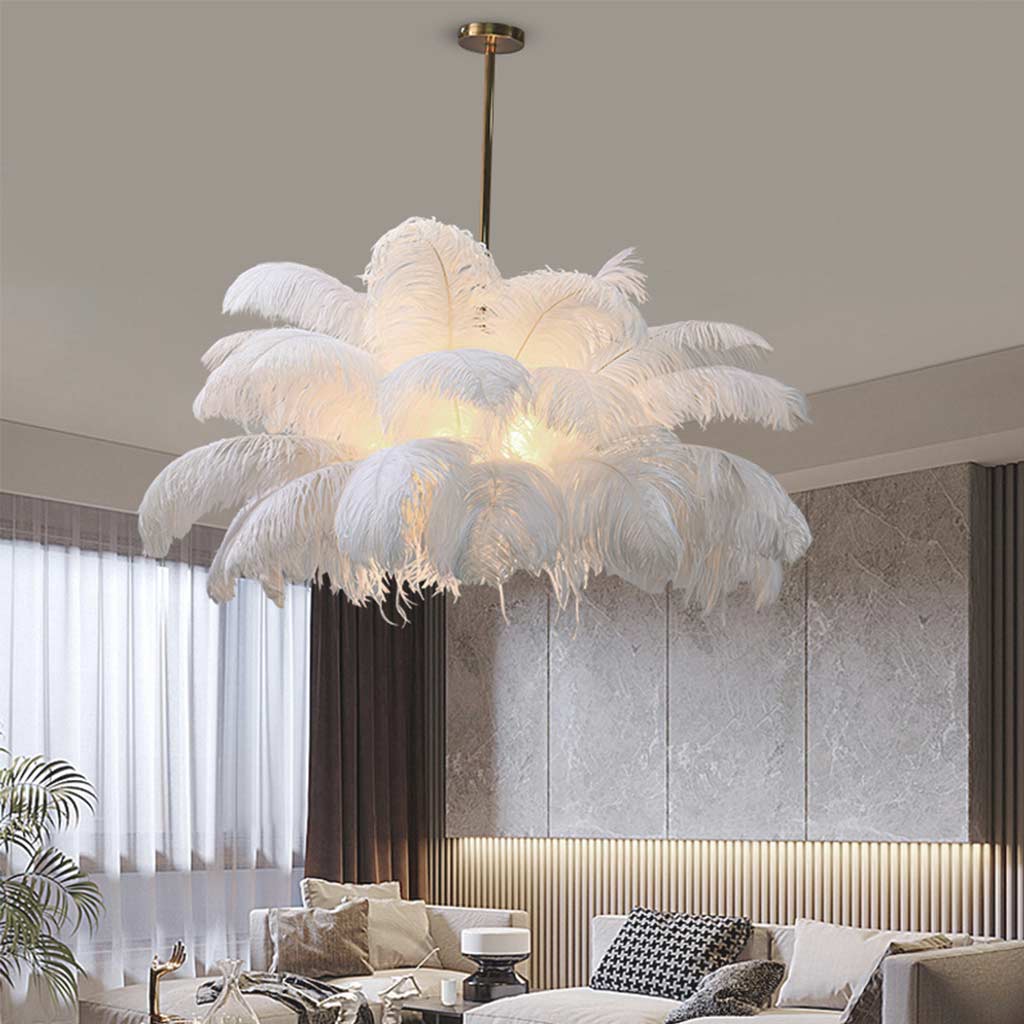 Feathered Ceiling Light White 31 in Adjustable LED Hanging Fixture for Bedroom Living Room Dining Room Statement Decor