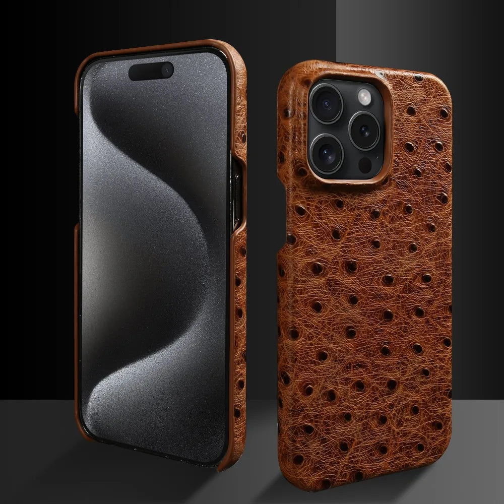 Genuine Ostrich Leather iPhone Case for 14/15/16/17 Series – Shock-Absorbing with Soft Lining & Raised Edges