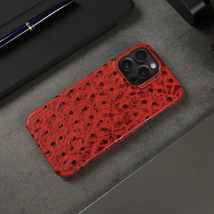 Genuine Ostrich Leather iPhone Case for 14/15/16/17 Series – Shock-Absorbing with Soft Lining & Raised Edges