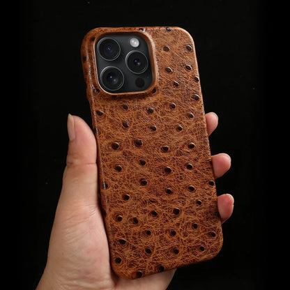 Genuine Ostrich Leather iPhone Case for 14/15/16/17 Series – Shock-Absorbing with Soft Lining & Raised Edges