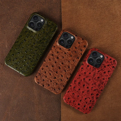 Genuine Ostrich Leather iPhone Case for 14/15/16/17 Series – Shock-Absorbing with Soft Lining & Raised Edges
