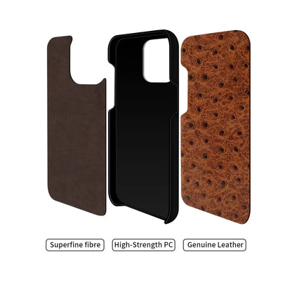 Genuine Ostrich Leather iPhone Case for 14/15/16/17 Series – Shock-Absorbing with Soft Lining & Raised Edges