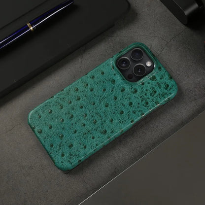 Genuine Ostrich Leather iPhone Case for 14/15/16/17 Series – Shock-Absorbing with Soft Lining & Raised Edges
