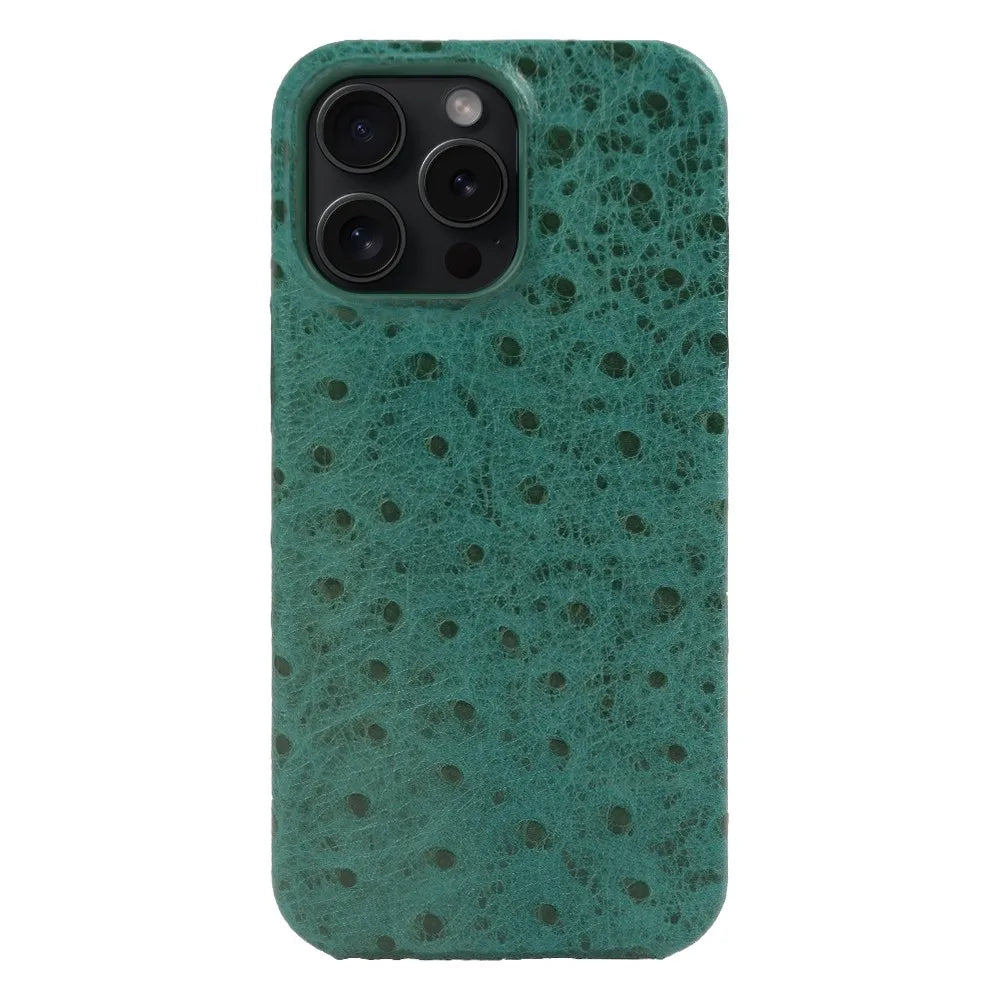 Genuine Ostrich Leather iPhone Case for 14/15/16/17 Series – Shock-Absorbing with Soft Lining & Raised Edges