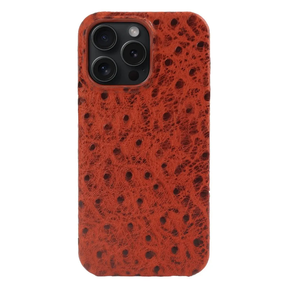 Genuine Ostrich Leather iPhone Case for 14/15/16/17 Series – Shock-Absorbing with Soft Lining & Raised Edges