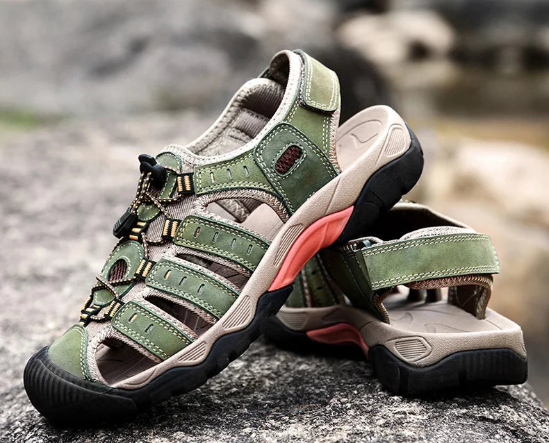 Outdoor Sandals | Genuine Leather Hiking Sandals with Elastic Strap | Comfortable Casual Footwear for Summer Adventures
