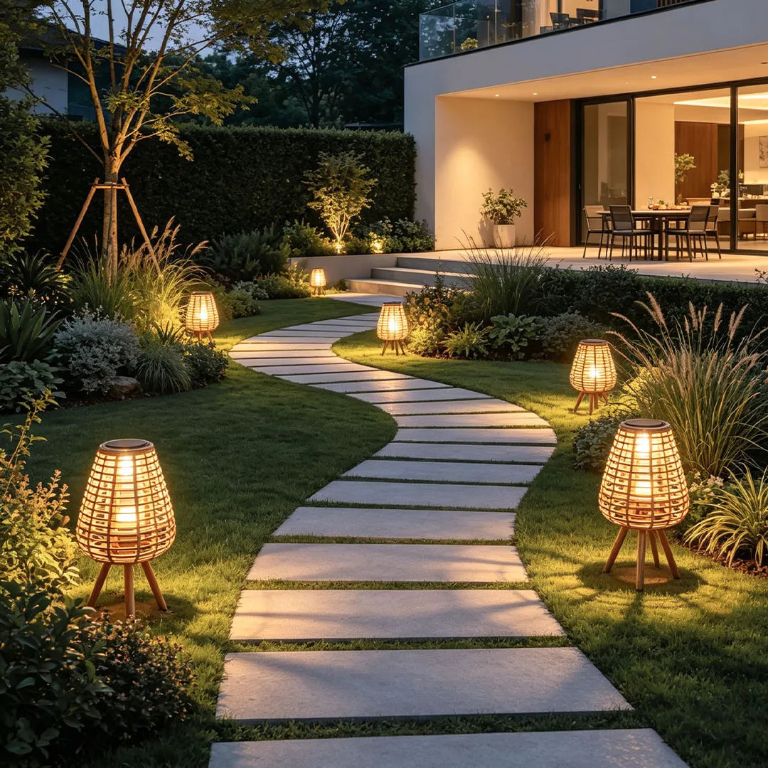 Outdoor Solar Floor Lamp with Woven Rattan Shade – Warm White LED for Gardens