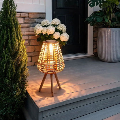 Outdoor Solar Floor Lamp with Woven Rattan Shade – Warm White LED for Gardens