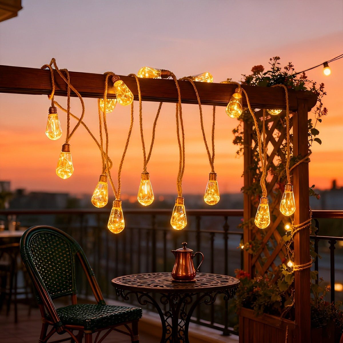 Solar Garden String Lights with Vintage LED Filament Bulbs – Weatherproof Jute Rope Design for Patios, Decks & Outdoor Entertaining