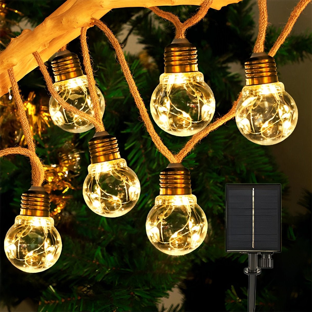 Solar Garden String Lights with Vintage LED Filament Bulbs – Weatherproof Jute Rope Design for Patios, Decks & Outdoor Entertaining