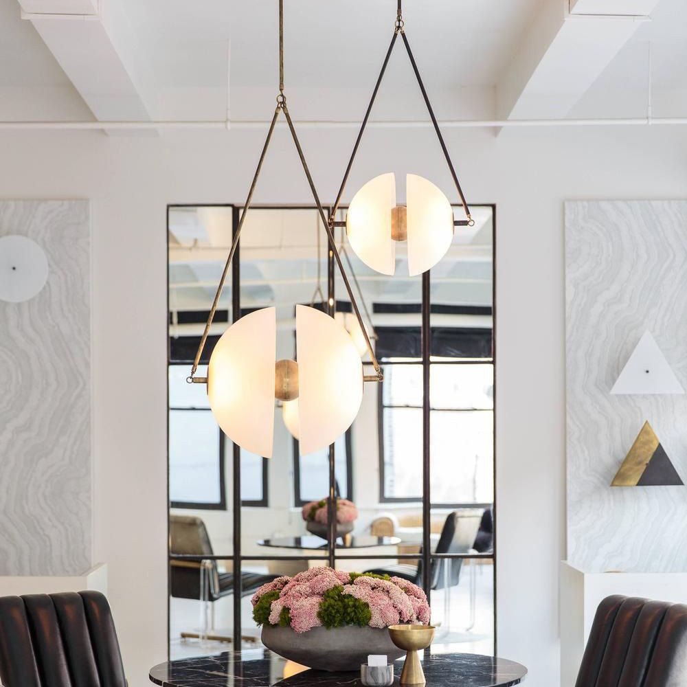 Hanging Ceiling Fixture with Frosted Glass Globes for Kitchen & Dining Room – Aged Metal Frame 16 in Wide Adjustable Cord Integrated LED for