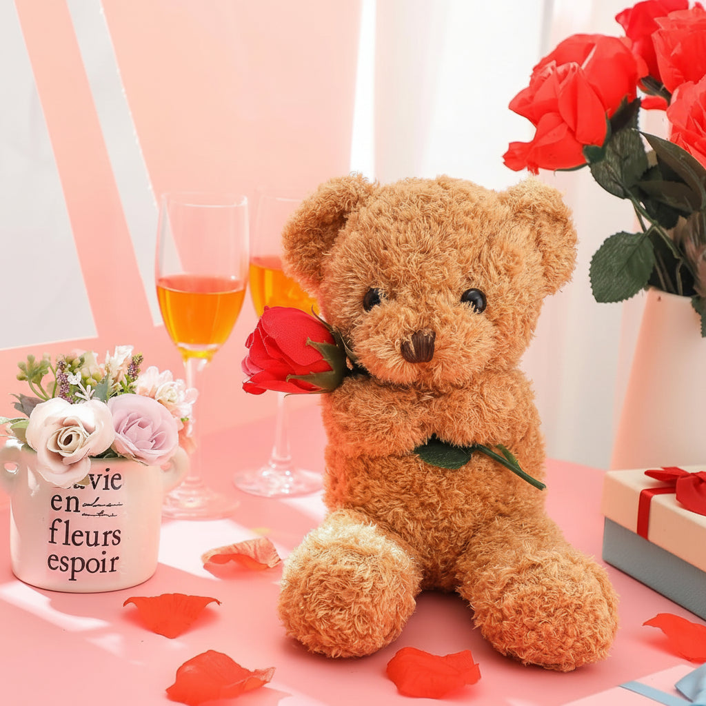 Cuddly Plush Bear | Soft Stuffed Animal with Romantic Rose Design | Perfect Gift for Love and Affection