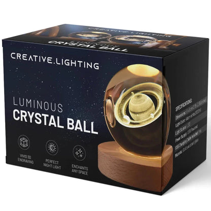 3D Engraved Crystal Planet Sphere Night Light on Wood Base USB Powered Desk Lamp Warm White LED Glow for Bedroom Living Room Nursery Space