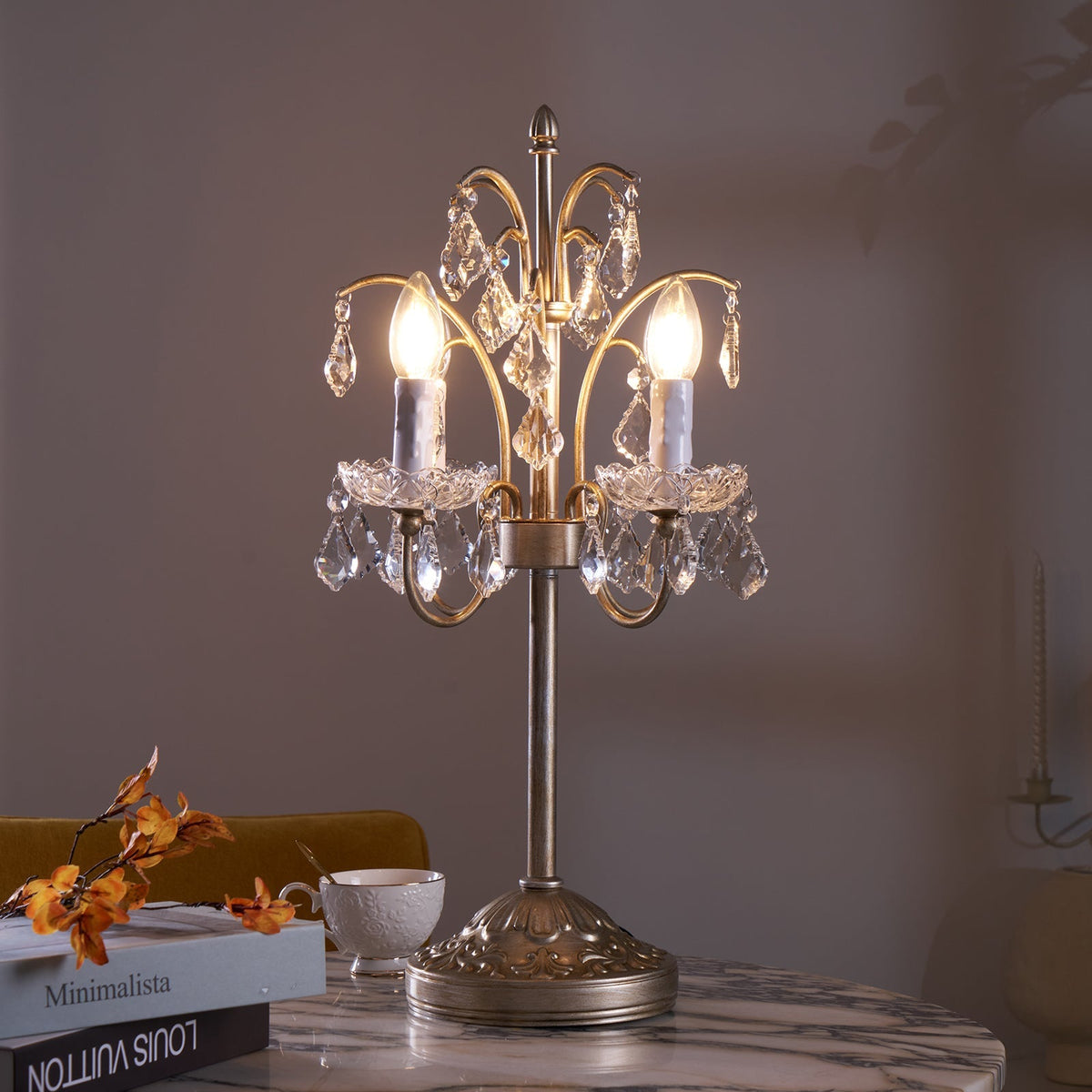 Crystal Chandelier-Style Table Lamp with Metal Frame for Bedroom & Living Room Lighting | 22 in Height Decorative Accent Light for Nightstan