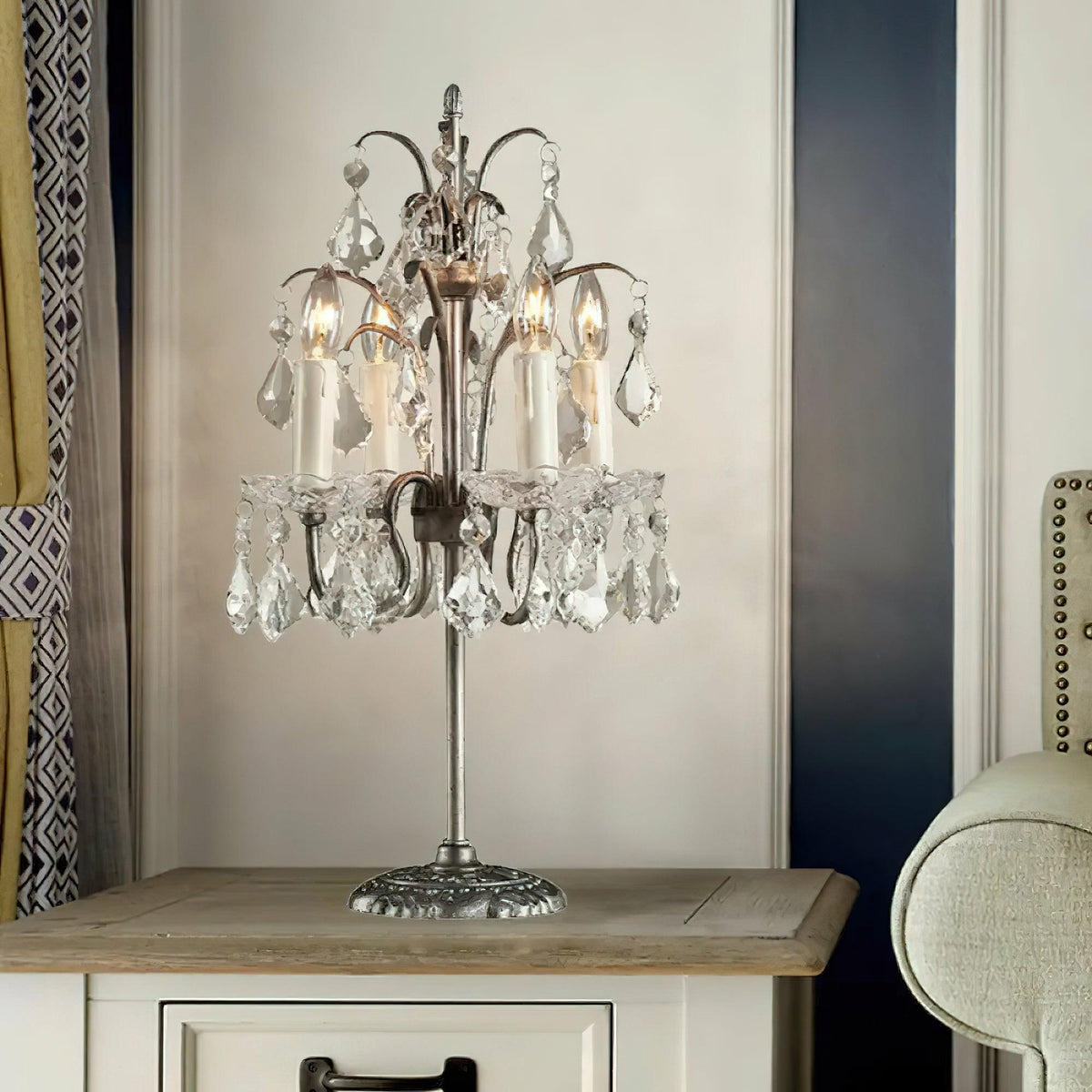Crystal Chandelier-Style Table Lamp with Metal Frame for Bedroom & Living Room Lighting | 22 in Height Decorative Accent Light for Nightstan
