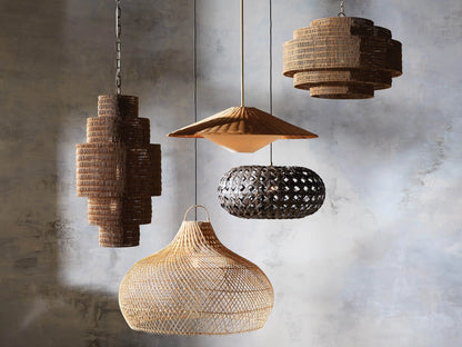 Woven Rattan Ceiling Chandelier with Layered Dome Shade – 28 or 40 Inch Natural Boho Pendant Light for Dining Room, Bedroom, Living Room