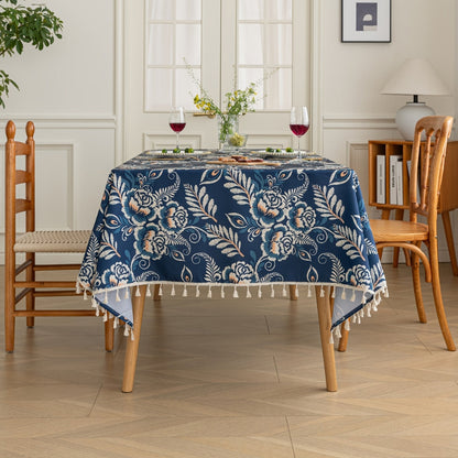 Pavo Floral Tablecloth - Microfiber Polyester, Tassel Trimmed