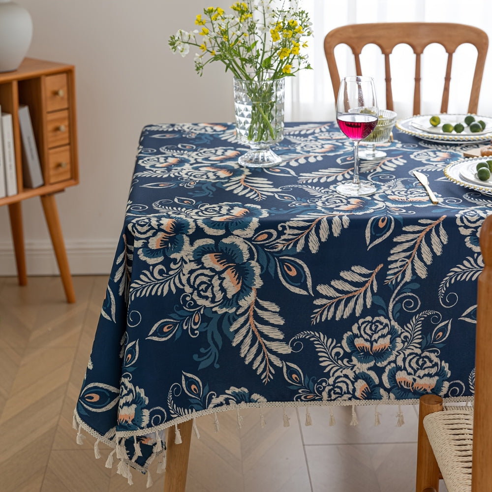 Pavo Floral Tablecloth - Microfiber Polyester, Tassel Trimmed