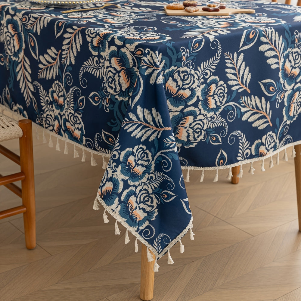 Pavo Floral Tablecloth - Microfiber Polyester, Tassel Trimmed