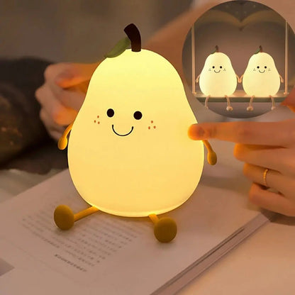 Squishy Pear Night Light for Kids, Rechargeable LED Touch Lamp with 7 Color Modes, Soft Silicone Nursery Nightlight for Children's Bedroom