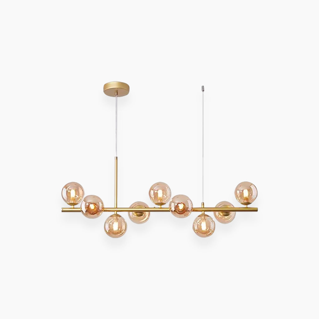 Globe Pendant Light 7-Bulb Island Chandelier Gold Metal Frame Clear Amber Smoky Glass Spheres Linear Hanging Fixture Kitchen Dining Room Tab