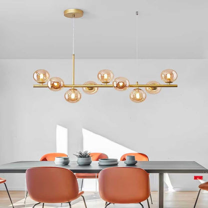 Globe Pendant Light 7-Bulb Island Chandelier Gold Metal Frame Clear Amber Smoky Glass Spheres Linear Hanging Fixture Kitchen Dining Room Tab