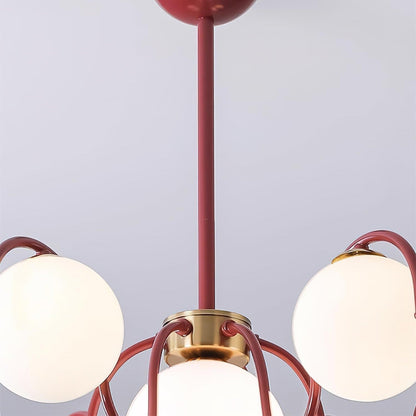 Multi-Arm Glass Globe Ceiling Light 30 Inch Spread Red Metal Kitchen Island Chandelier for Dining Table Modern Branch Fixture Indoor Hanging