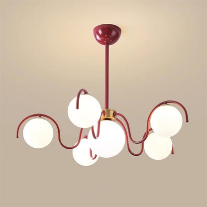 Multi-Arm Glass Globe Ceiling Light 30 Inch Spread Red Metal Kitchen Island Chandelier for Dining Table Modern Branch Fixture Indoor Hanging