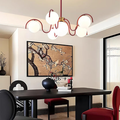 Multi-Arm Glass Globe Ceiling Light 30 Inch Spread Red Metal Kitchen Island Chandelier for Dining Table Modern Branch Fixture Indoor Hanging