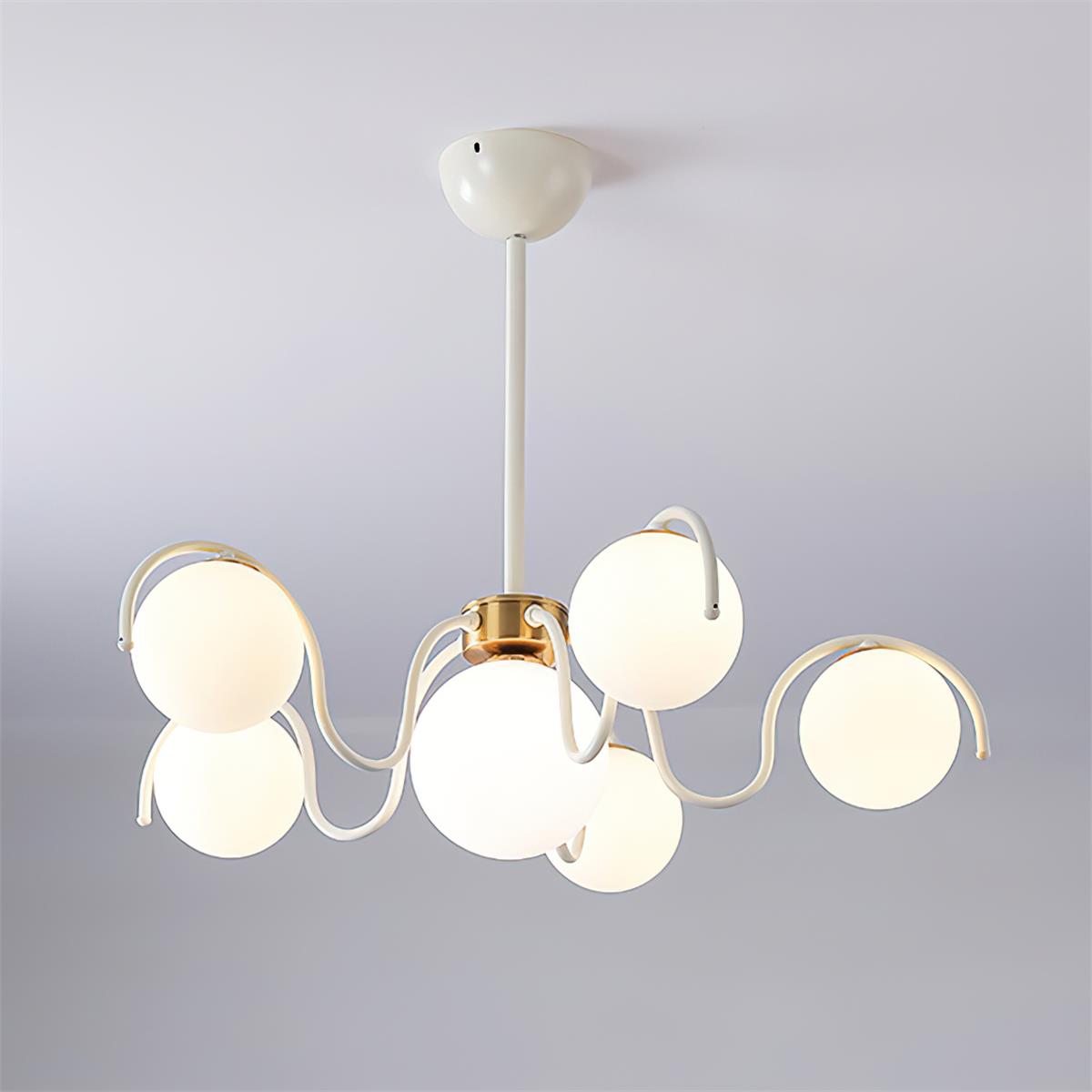Multi-Arm Glass Globe Ceiling Light 30 Inch Spread Red Metal Kitchen Island Chandelier for Dining Table Modern Branch Fixture Indoor Hanging