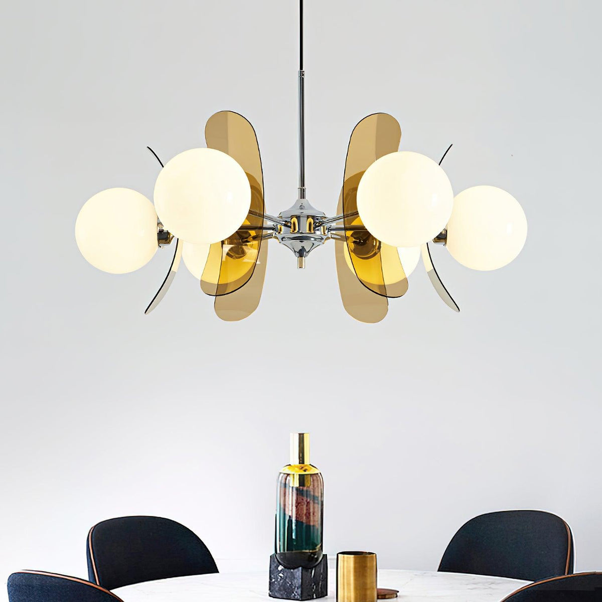 Floral Glass Pendant Light Chrome Accents Multi-Bulb Chandelier for Bedroom Office Dining Room Modern Ceiling Lighting Adjustable 59 in