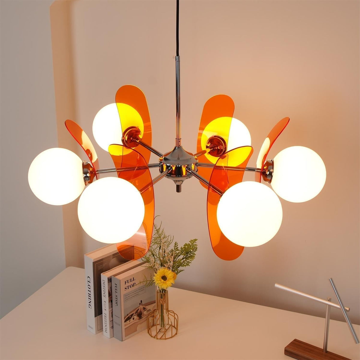 Floral Glass Pendant Light Chrome Accents Multi-Bulb Chandelier for Bedroom Office Dining Room Modern Ceiling Lighting Adjustable 59 in