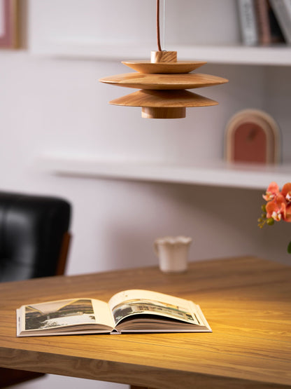 Layered Wood Ceiling Fixture 12 Inch Round Adjustable Height GU10 Socket Dimmable Hanging Lamp for Kitchen Island Table Overhead Lighting Co