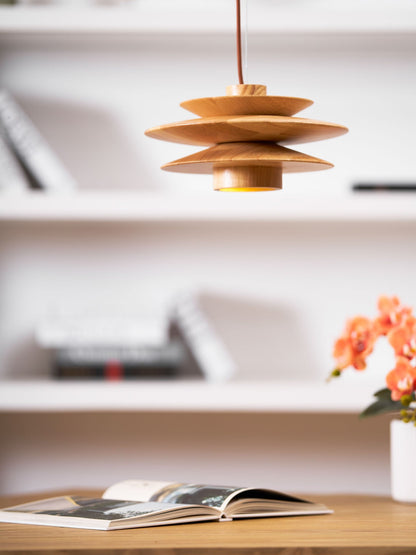 Layered Wood Ceiling Fixture 12 Inch Round Adjustable Height GU10 Socket Dimmable Hanging Lamp for Kitchen Island Table Overhead Lighting Co