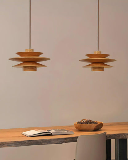 Layered Wood Ceiling Fixture 12 Inch Round Adjustable Height GU10 Socket Dimmable Hanging Lamp for Kitchen Island Table Overhead Lighting Co
