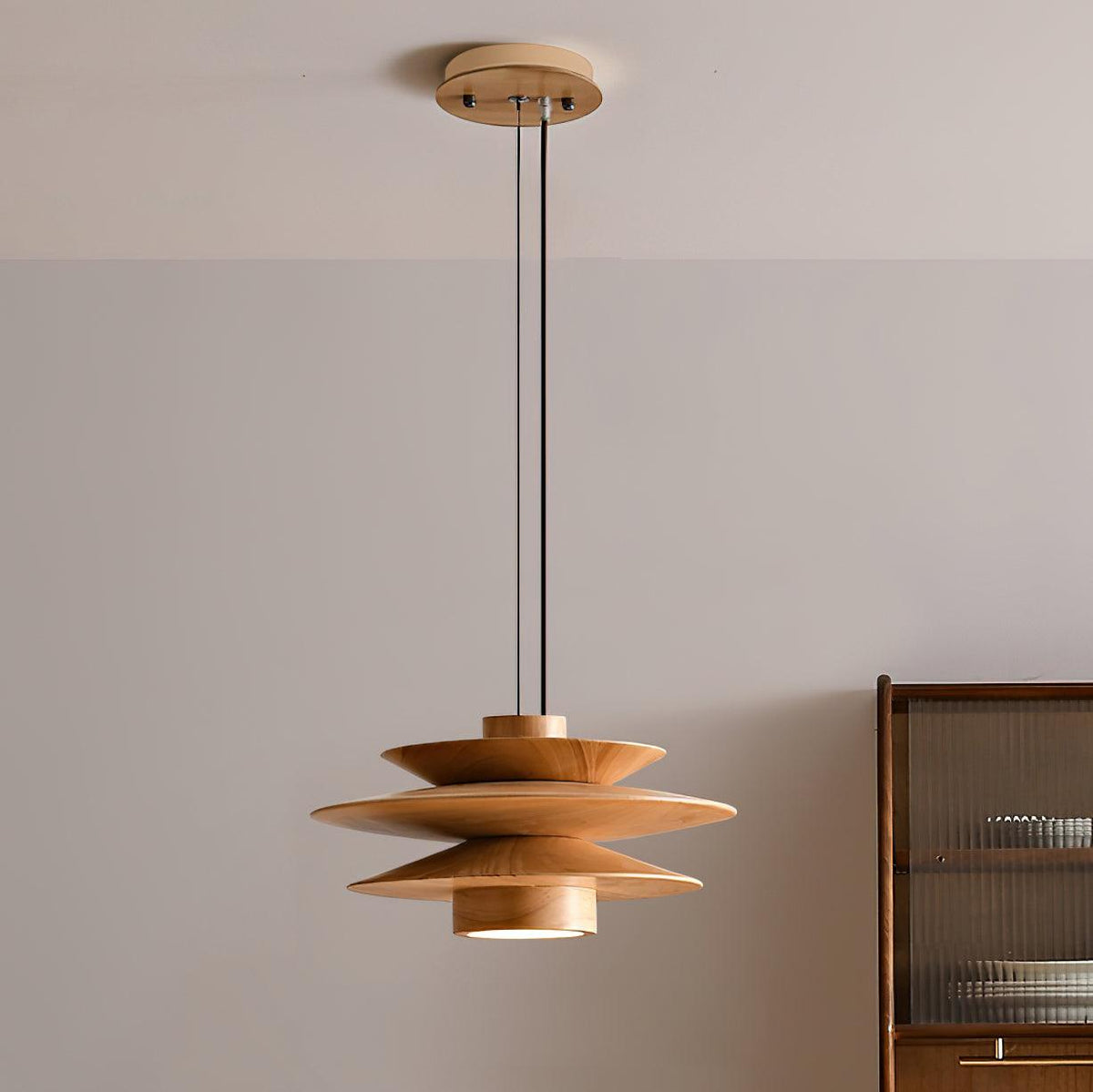 Layered Wood Ceiling Fixture 12 Inch Round Adjustable Height GU10 Socket Dimmable Hanging Lamp for Kitchen Island Table Overhead Lighting Co