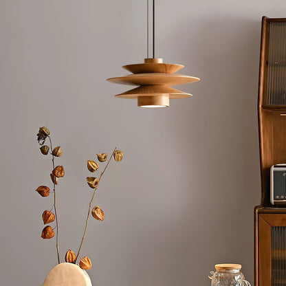 Layered Wood Ceiling Fixture 12 Inch Round Adjustable Height GU10 Socket Dimmable Hanging Lamp for Kitchen Island Table Overhead Lighting Co