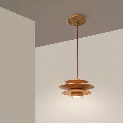 Layered Wood Ceiling Fixture 12 Inch Round Adjustable Height GU10 Socket Dimmable Hanging Lamp for Kitchen Island Table Overhead Lighting Co