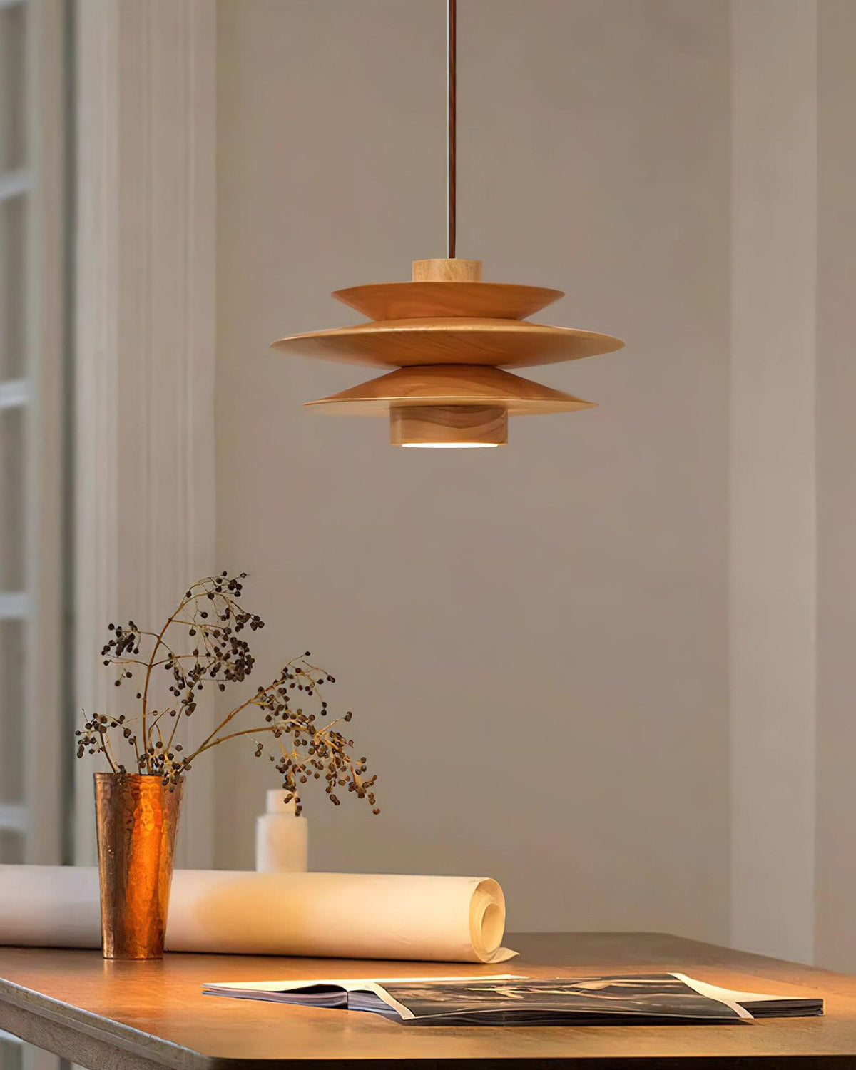 Layered Wood Ceiling Fixture 12 Inch Round Adjustable Height GU10 Socket Dimmable Hanging Lamp for Kitchen Island Table Overhead Lighting Co