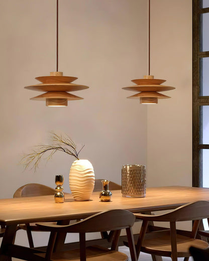 Layered Wood Ceiling Fixture 12 Inch Round Adjustable Height GU10 Socket Dimmable Hanging Lamp for Kitchen Island Table Overhead Lighting Co