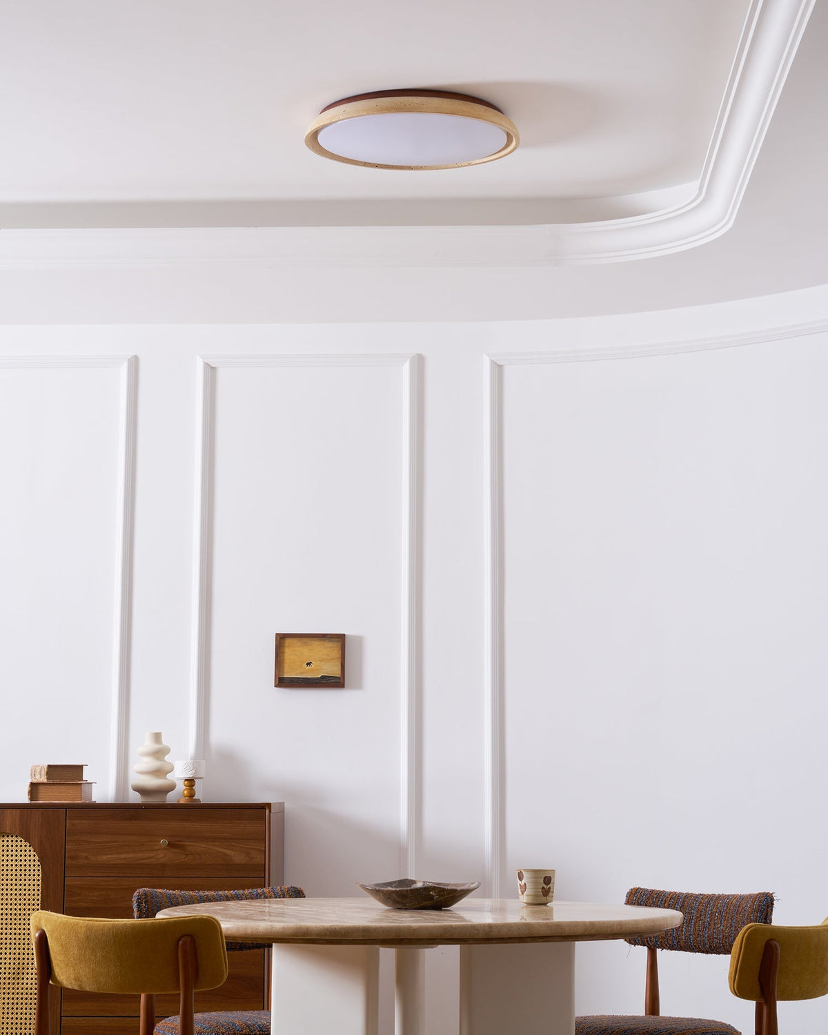 Stone Flush Mount Light Fixture 12 Inch Natural Travertine LED Overhead for Bedroom Hallway Bathroom Minimalist Round Warm Glow Wall or Ceil